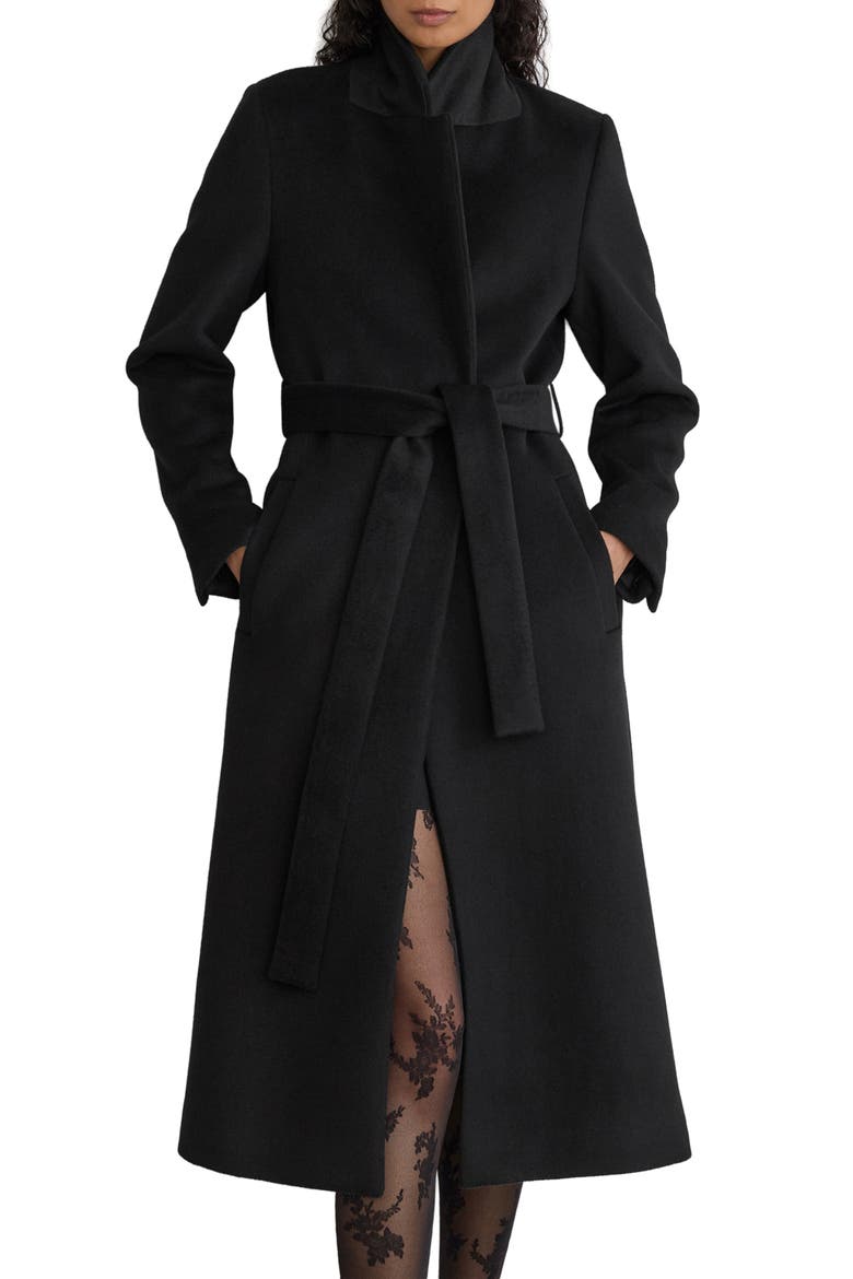 Francesca Faux Fur Collar Wool Blend Belted Coat, Alternate, color, BLACK