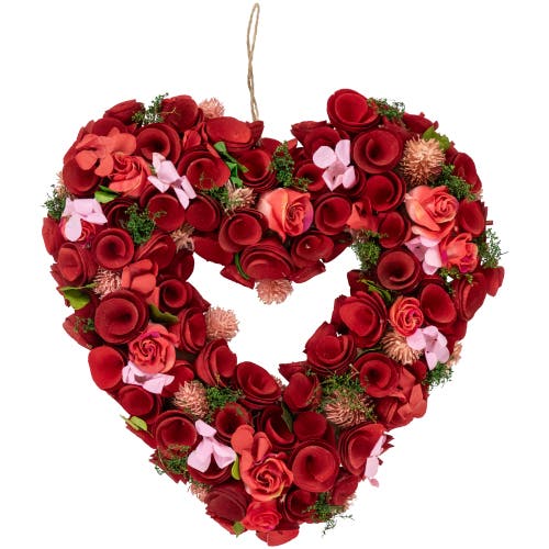 Northlight Artificial Floral Valentine's Day Wooden Rose Heart Wreath In Red