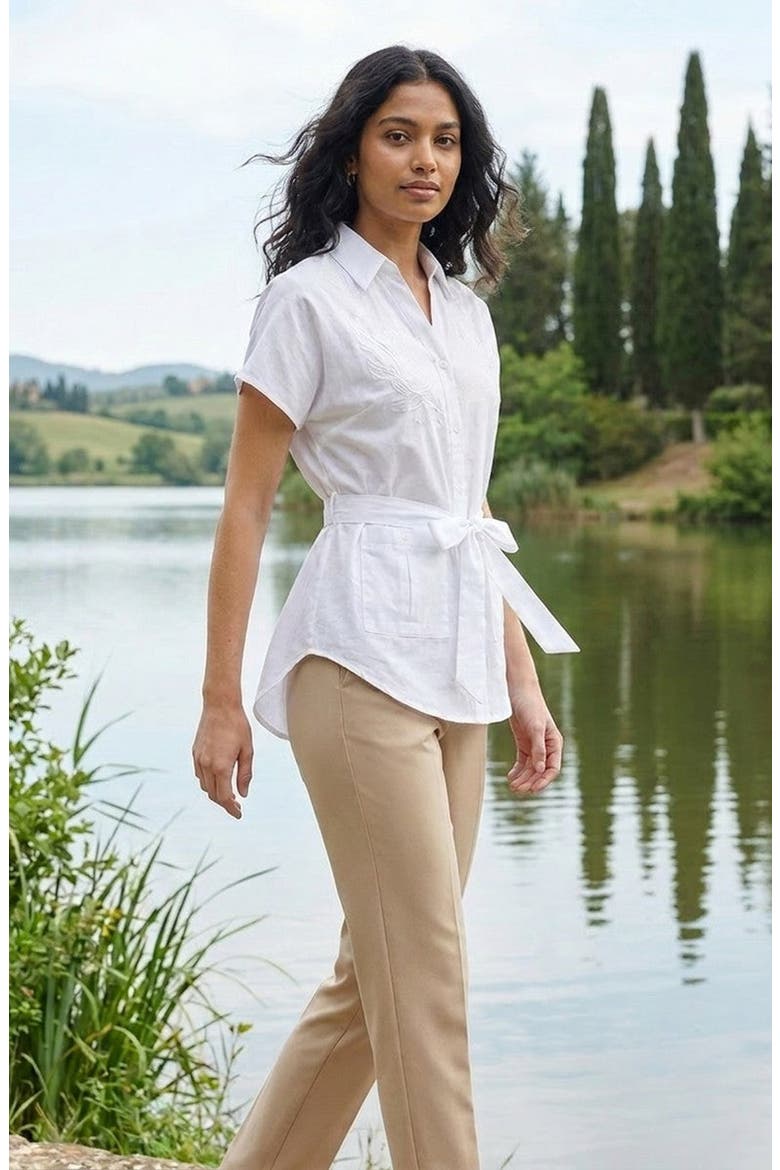Short Sleeve Button-Down Waist Tie Top, Alternate, color, White