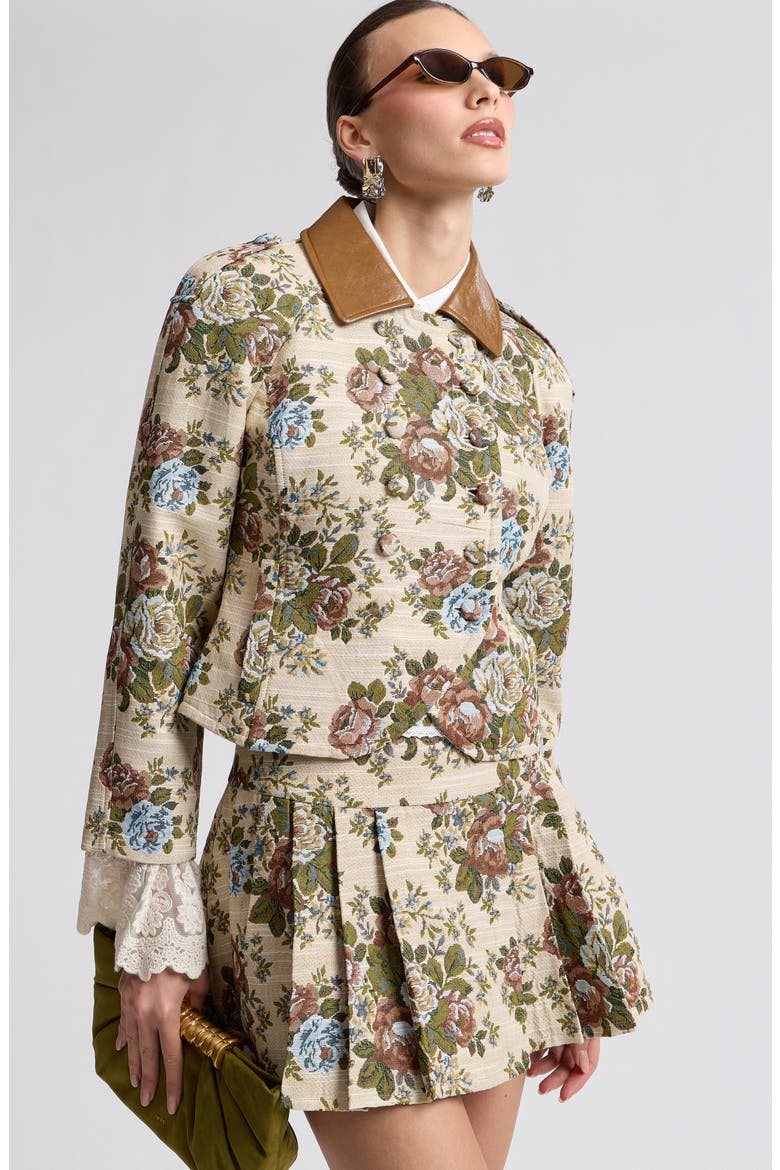 Shrunken Floral Tapestry Blazer with Faux Leather Collar, Alternate, color, TAUPE FLORAL MULTI