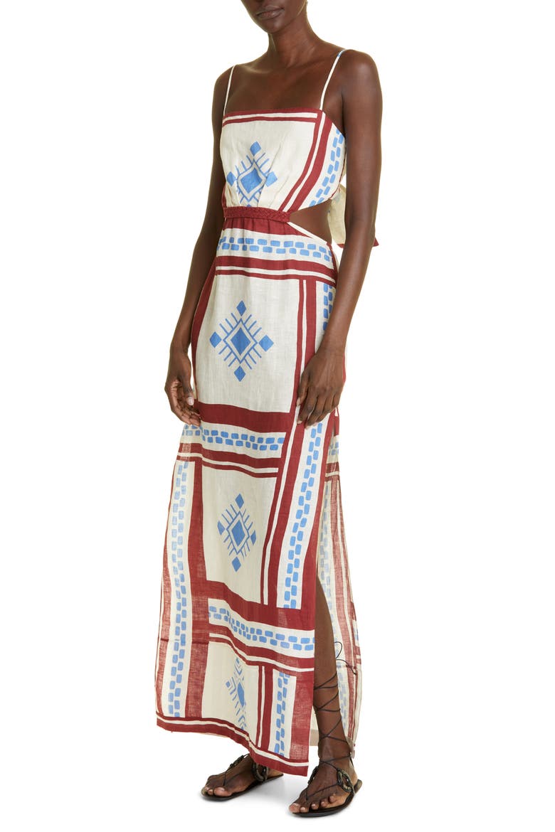 Kay Pacha Abstract Print Linen Maxi Dress, Alternate, color, CUZCO SAND/ WINE/ COBALT