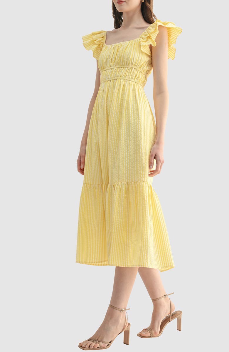 Lush Cinched Waist Tiered Cotton Midi Dress, Alternate, color, Yellow Stripe
