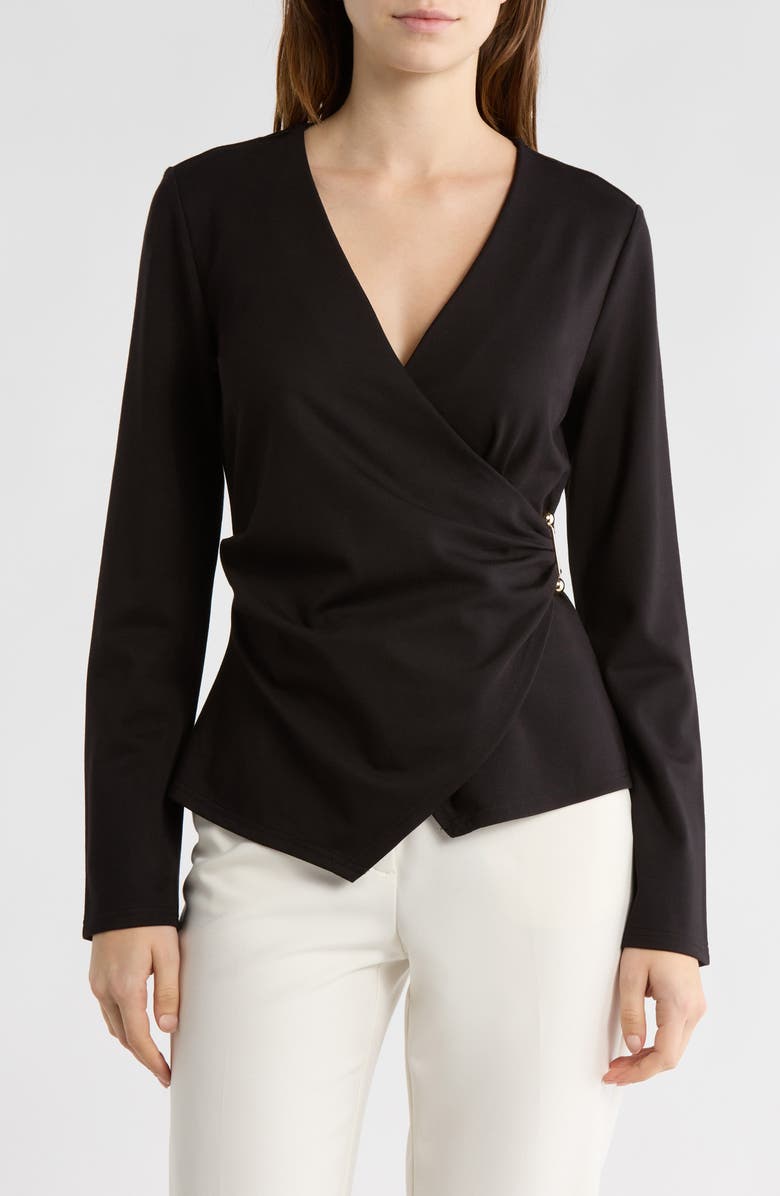 BY DESIGN Cappuccino Long Sleeve Faux Wrap Top, Main, color, Black