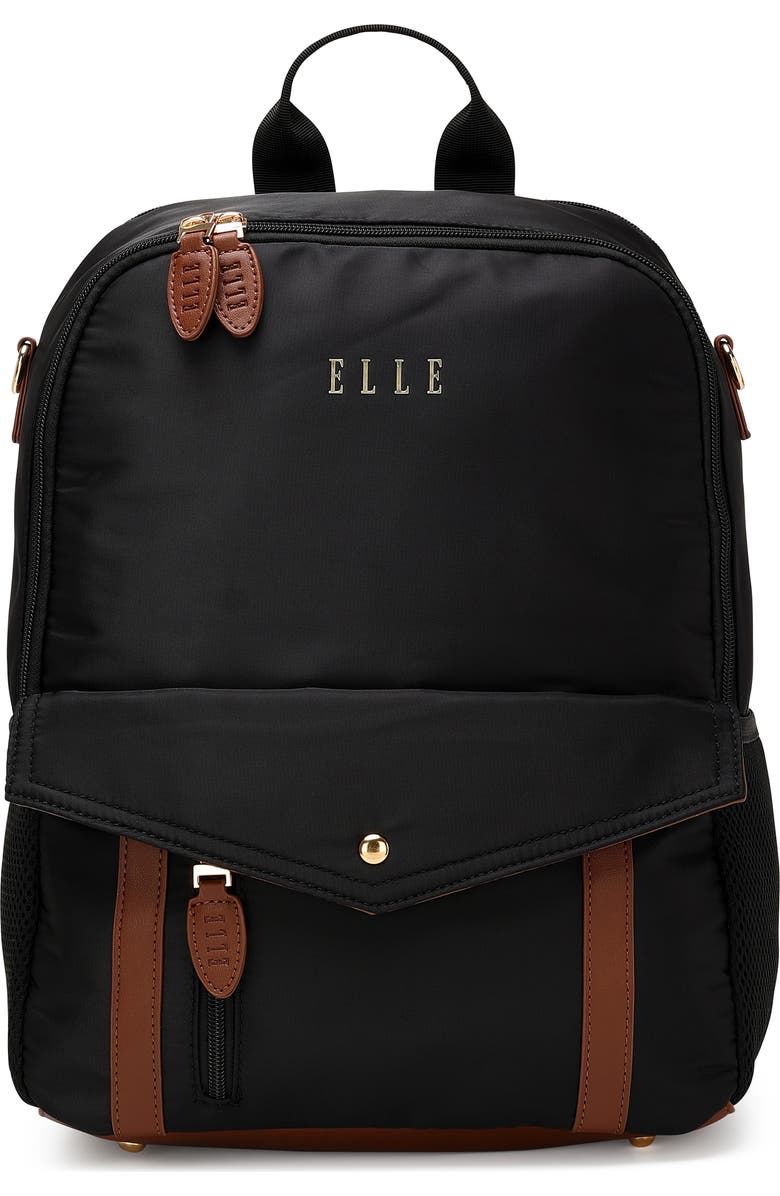ELLE Luxe Journey 18L Twill and Vegan Leather Backpack, Main, color, Black