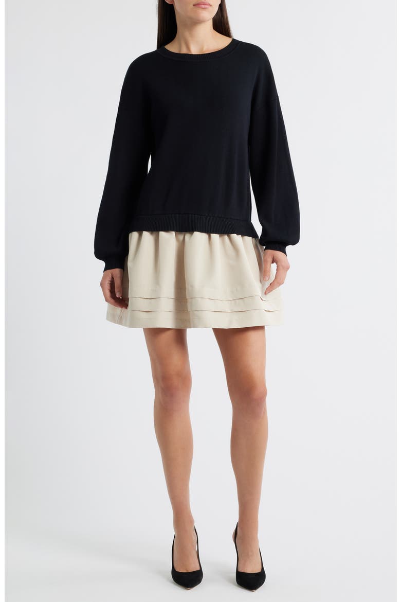 Long Sleeve Twofer Sweater Dress, Main, color, BLACK/ CREAM