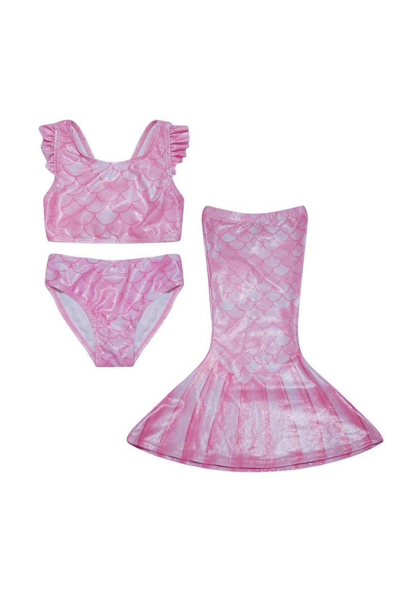 Girls UPF 50+ 3 Piece Mermaid Shell Swimsuit with Ruffle Shoulders, Main, color, Pixie Scales Pink