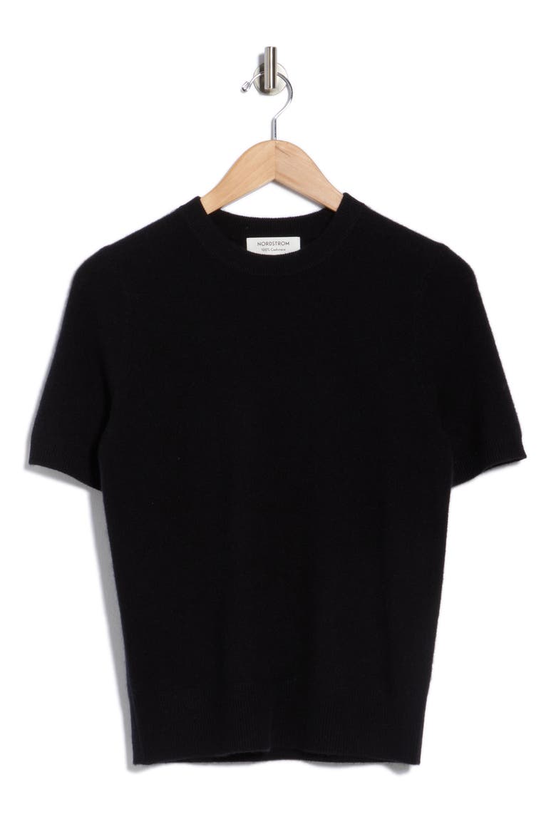 Short Sleeve Cashmere Sweater, Alternate, color, BLACK ROCK