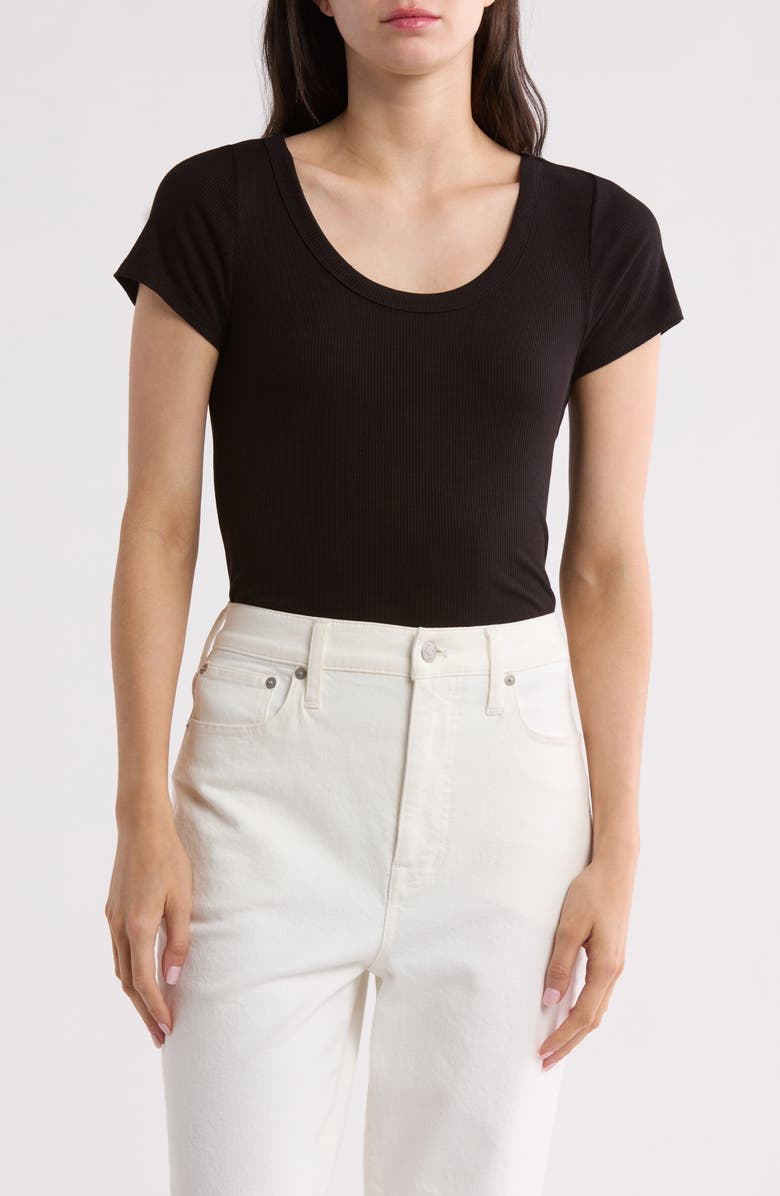 1.STATE Scoop Neck Rib Jersey Knit T-Shirt, Main, color, Rich Black