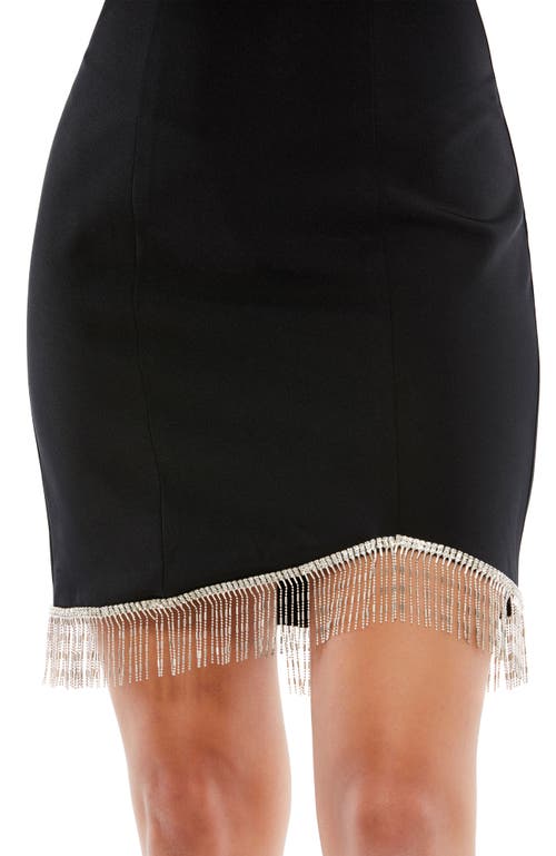 Mac Duggal Asymmetrical Long Sleeve Mini Dress With Beaded Fringe Detail In Black