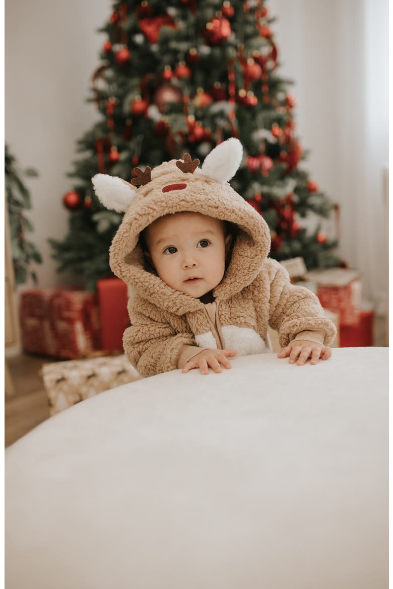 Reindeer Hooded Fleece Jumpsuit, Alternate, color, SAND