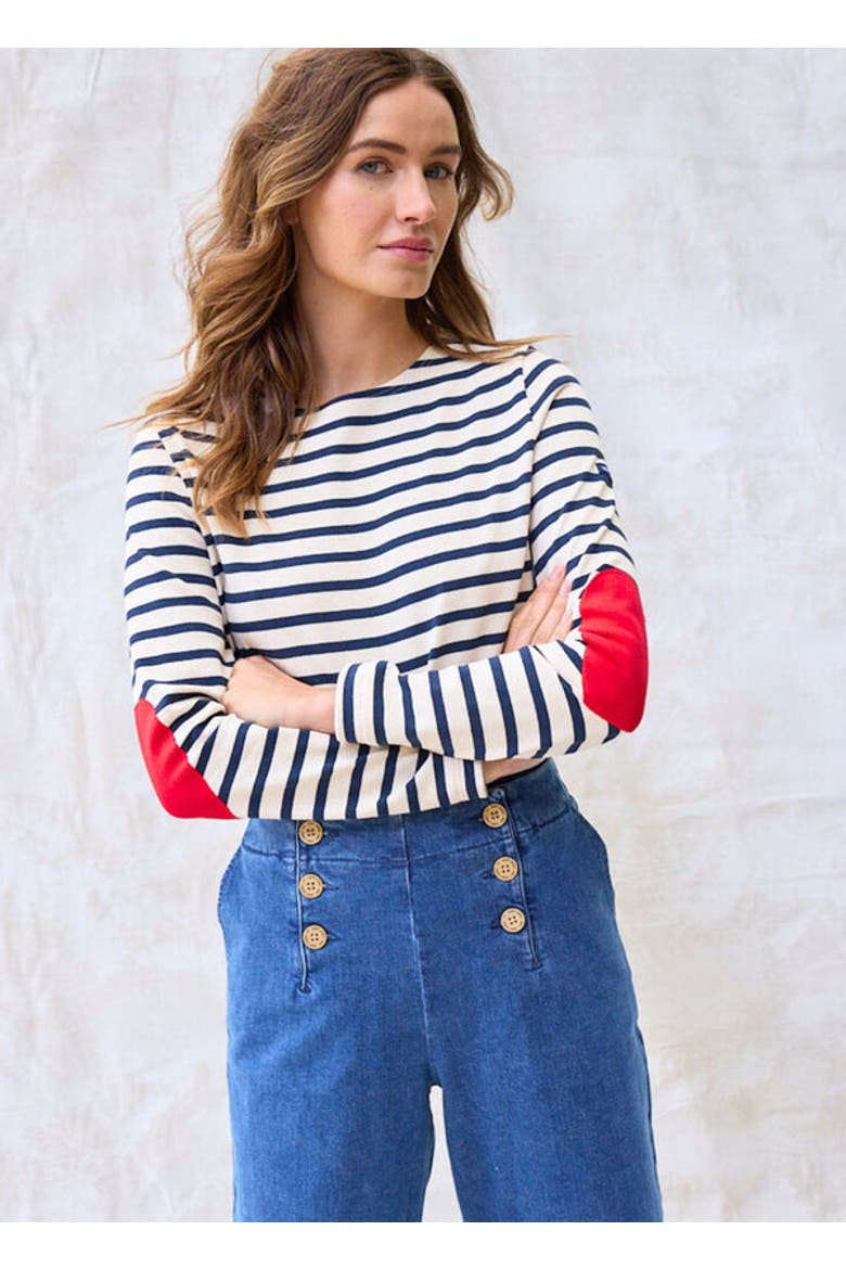 VAUJANY - Striped Shirt with Heart Elbow Patches, Main, color, ecru/navy