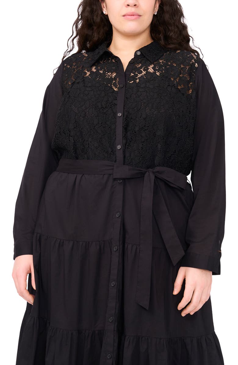 Halogen<sup>®</sup> Lace Bodice Long Sleeve Tiered Midi Shirtdress, Alternate, color, Rich Black