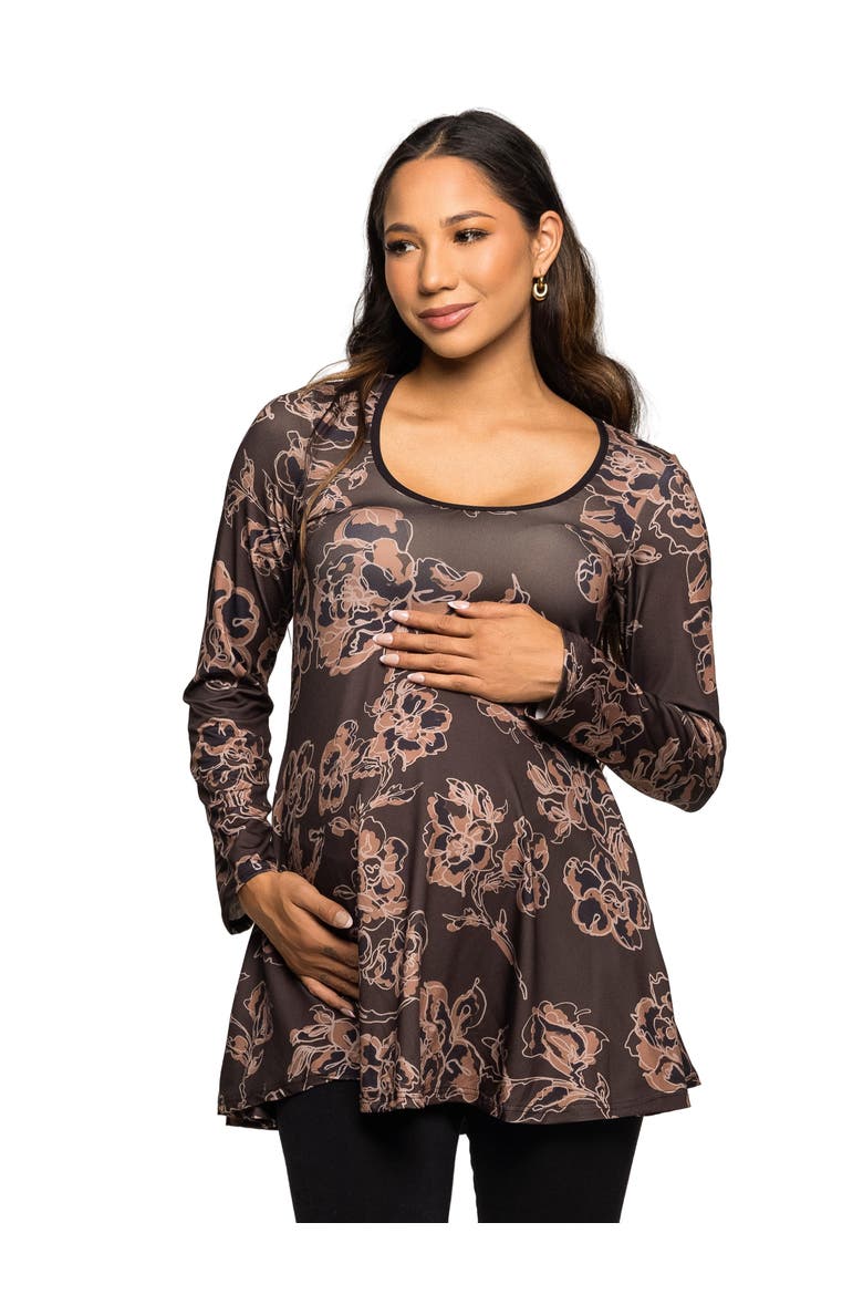 Floral Print Long Sleeve Tunic Top, Main, color, Brown Multi