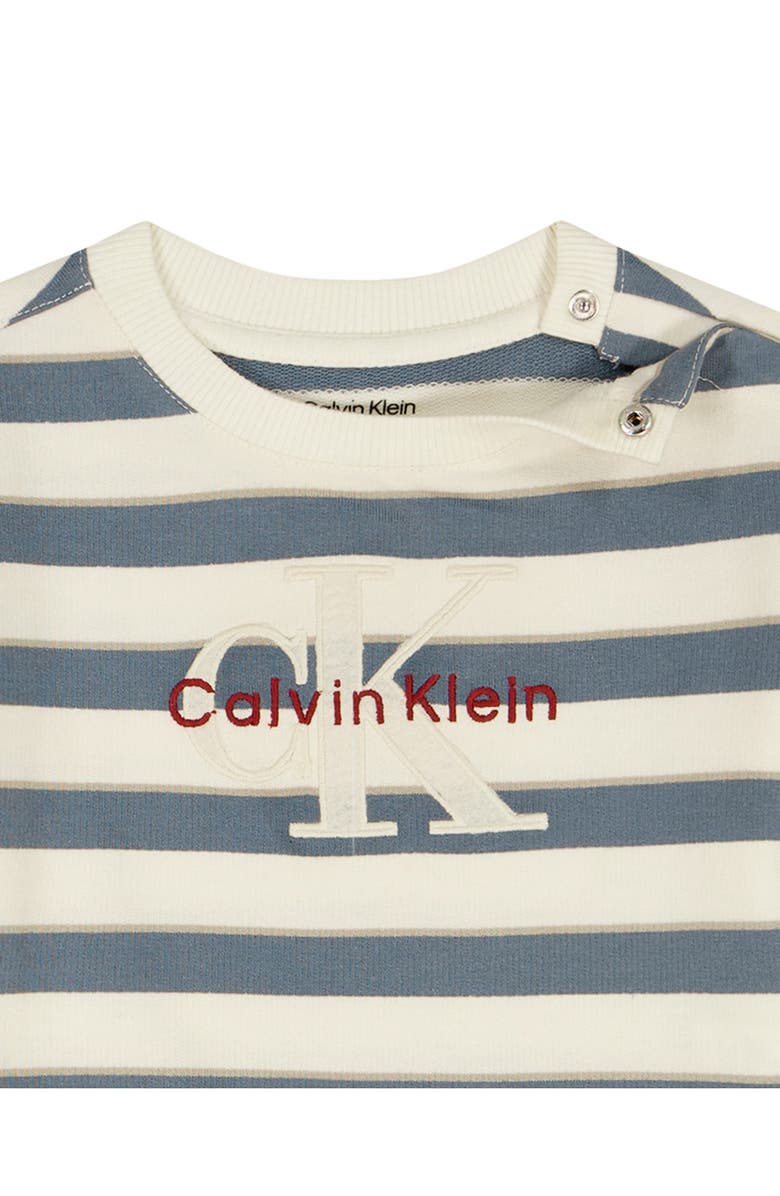 Calvin Klein Stripe Logo Romper, Alternate, color, White/ Blue Multi