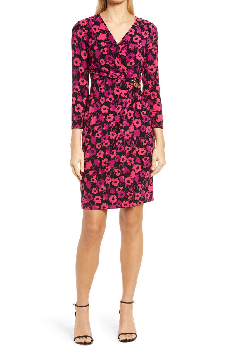 Anne Klein Floral Long Sleeve Wrap Front Knit Dress, Main, color, 