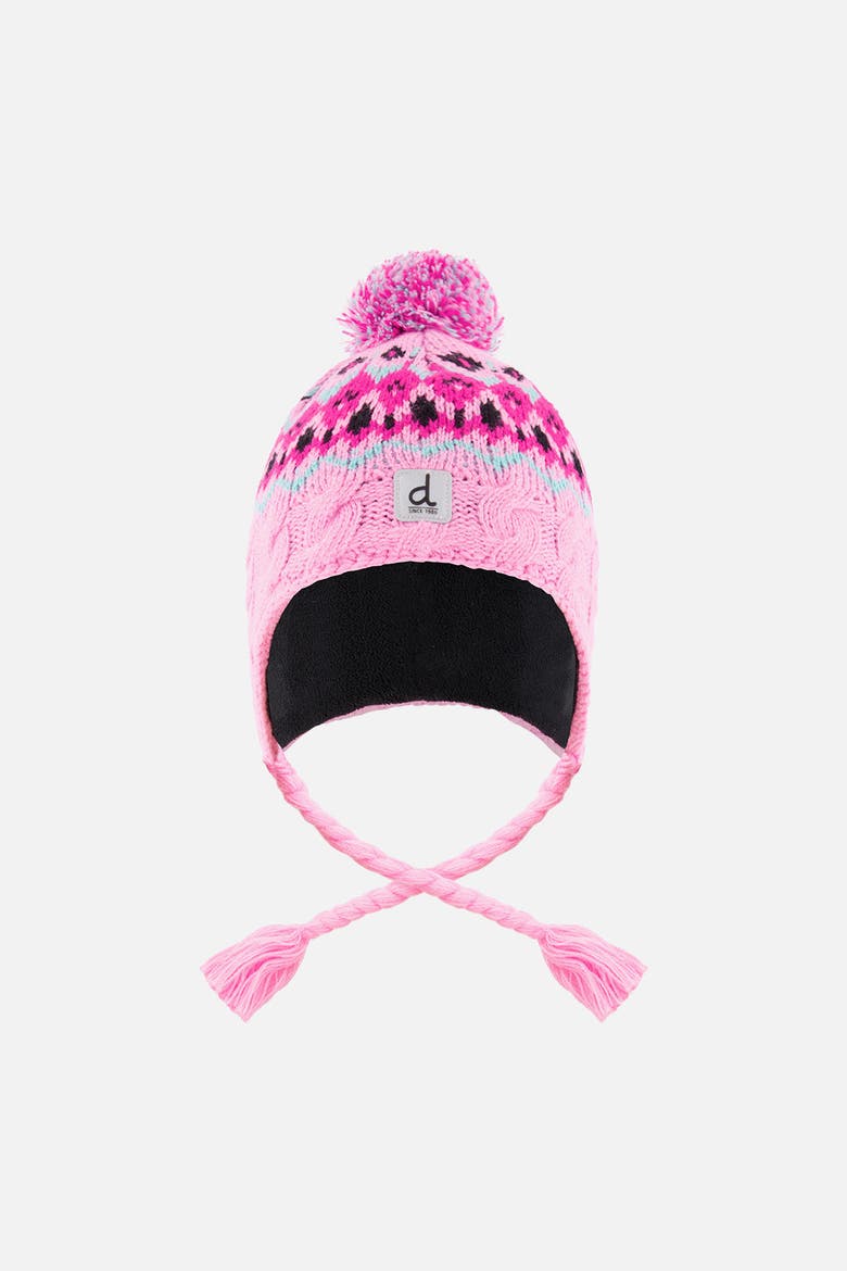 Colorblock Winter Peruvian Cable Pompom Earflap Knit Hat, Main, color, Mint Green, Blue & Pinkish