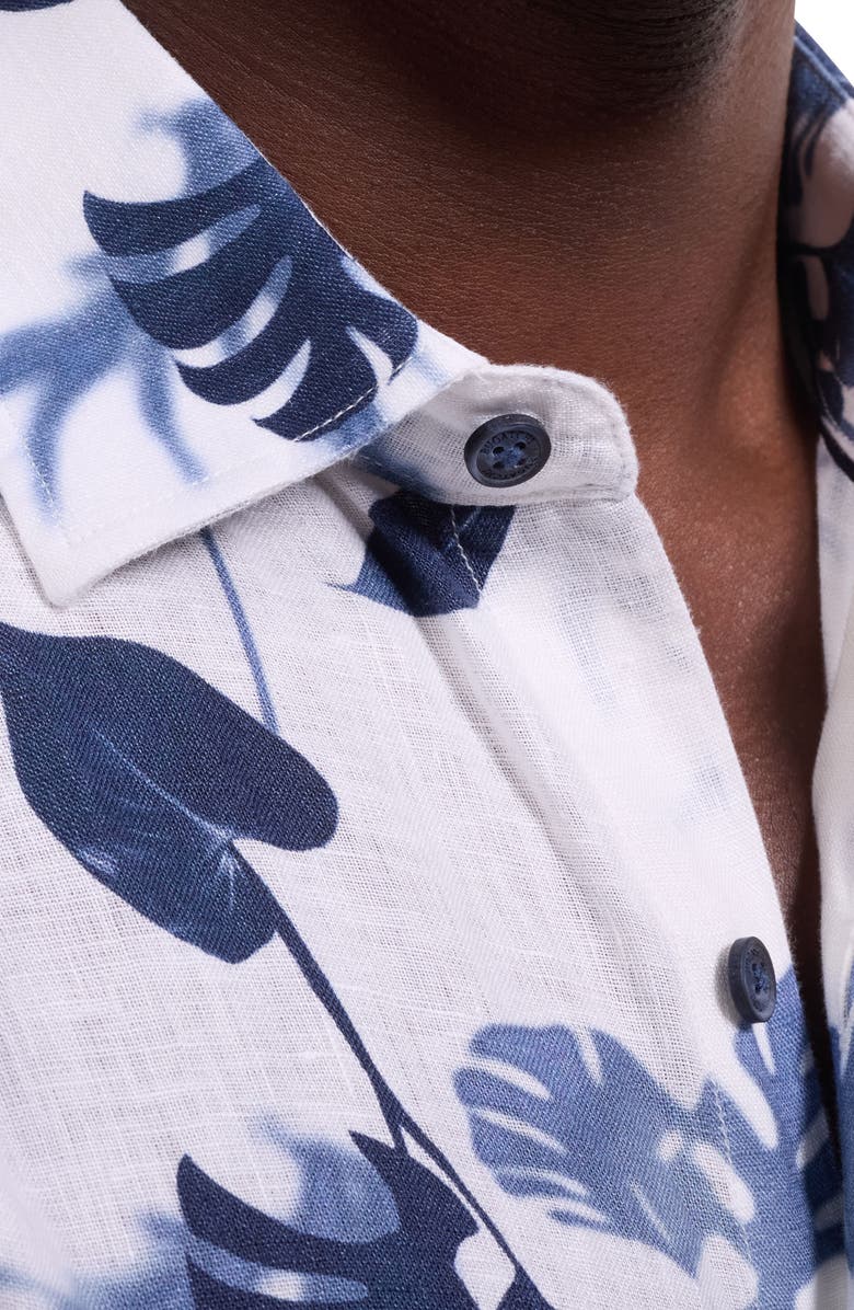 Bugatchi Orson Shaped Fit Leaf Print Short Sleeve Button-Up Shirt, Alternate, color, Navy