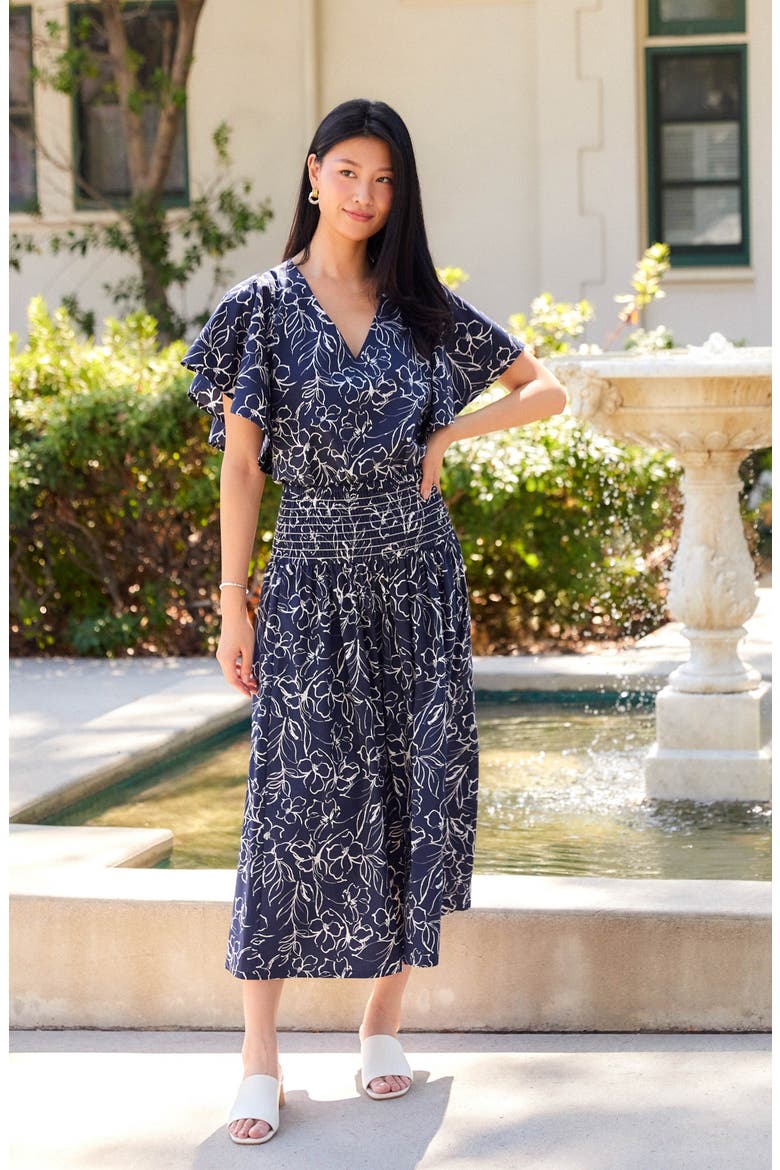 Floral Smocked Waist Cotton Midi Skirt, Alternate, color, PRINT