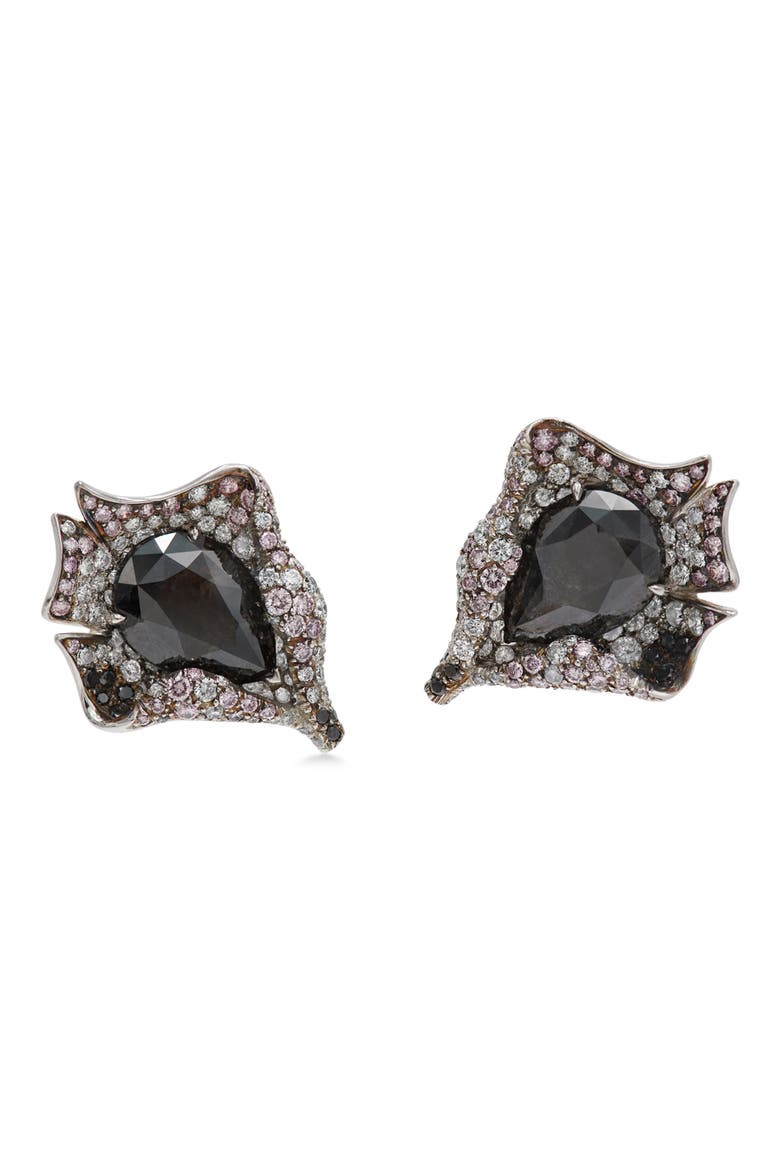 Signed Fred Leighton Natural Black & Mixed Diamond Abstract Flower Stud Earrings, Main, color, PLATINUM