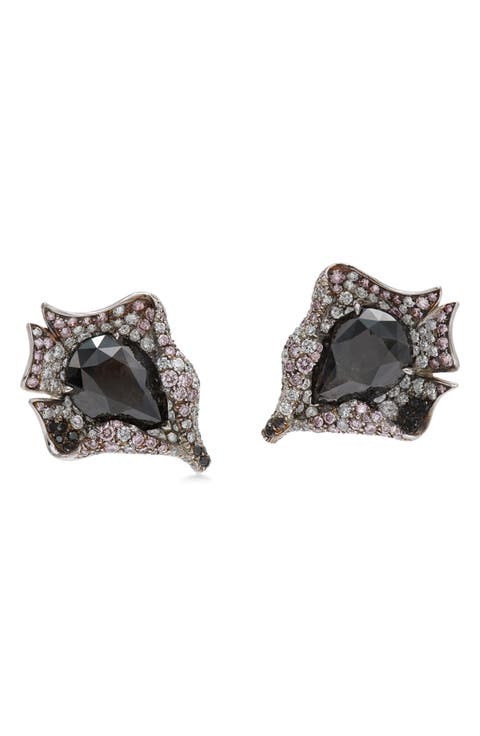 Signed Fred Leighton Natural Black & Mixed Diamond Abstract Flower Stud Earrings