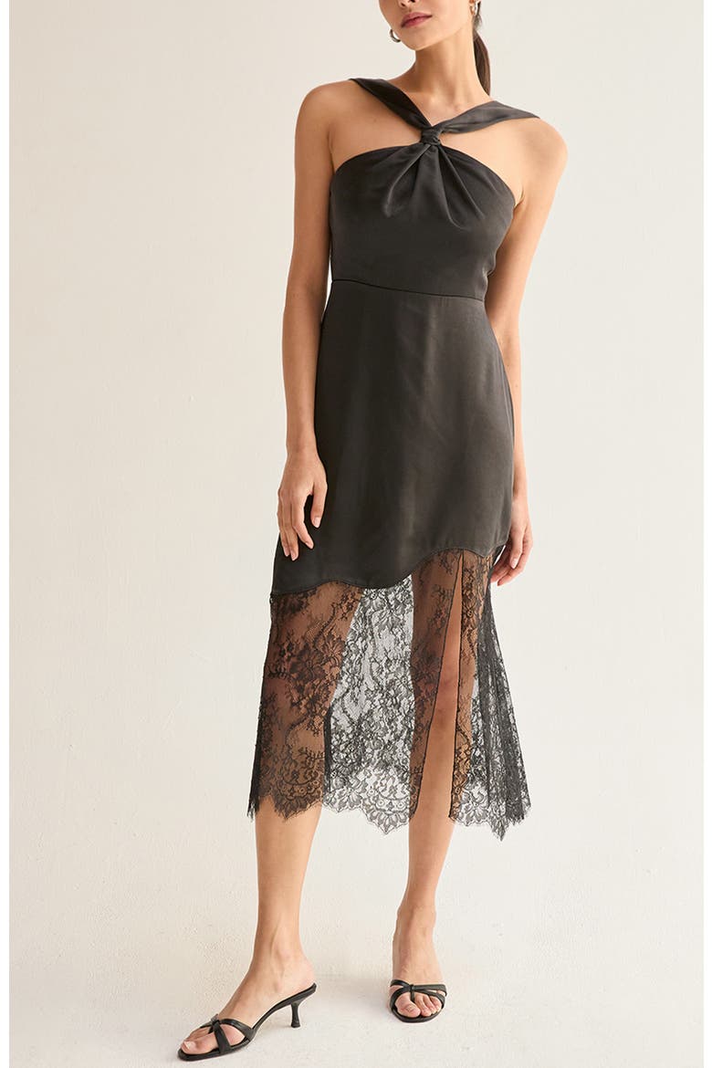 Lace Hem Satin Halter Midi Dress, Main, color, Black