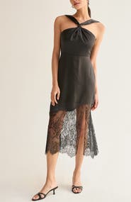 CRESCENT Lace Hem Satin Halter Midi Dress