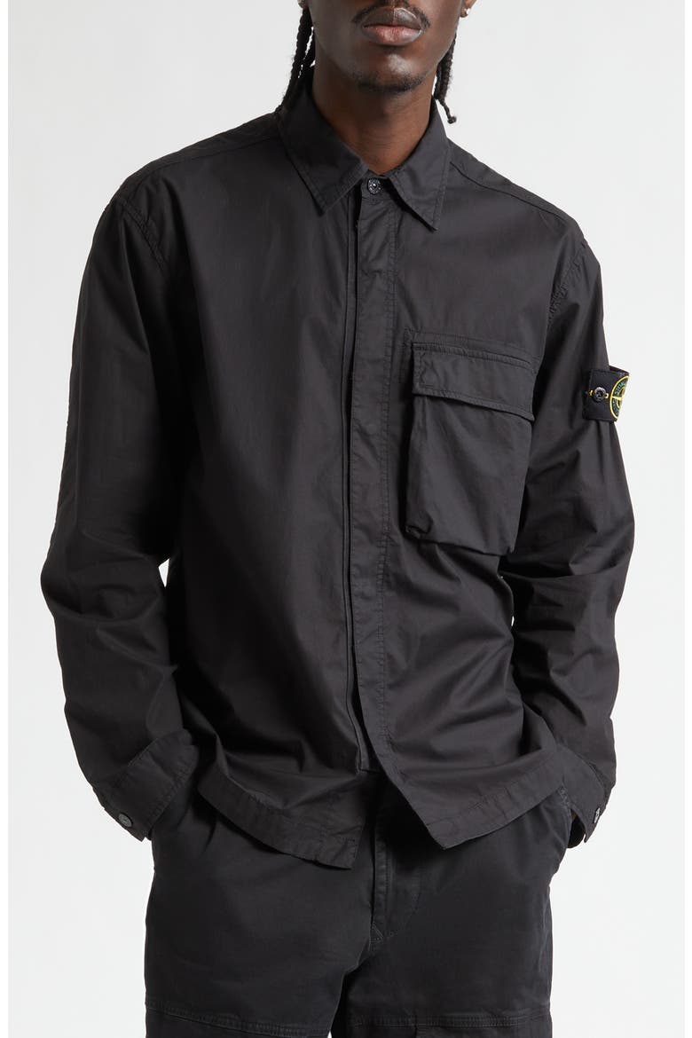 Compass Patch Stretch Cotton Canvas Overshirt, Main, color, BLACK