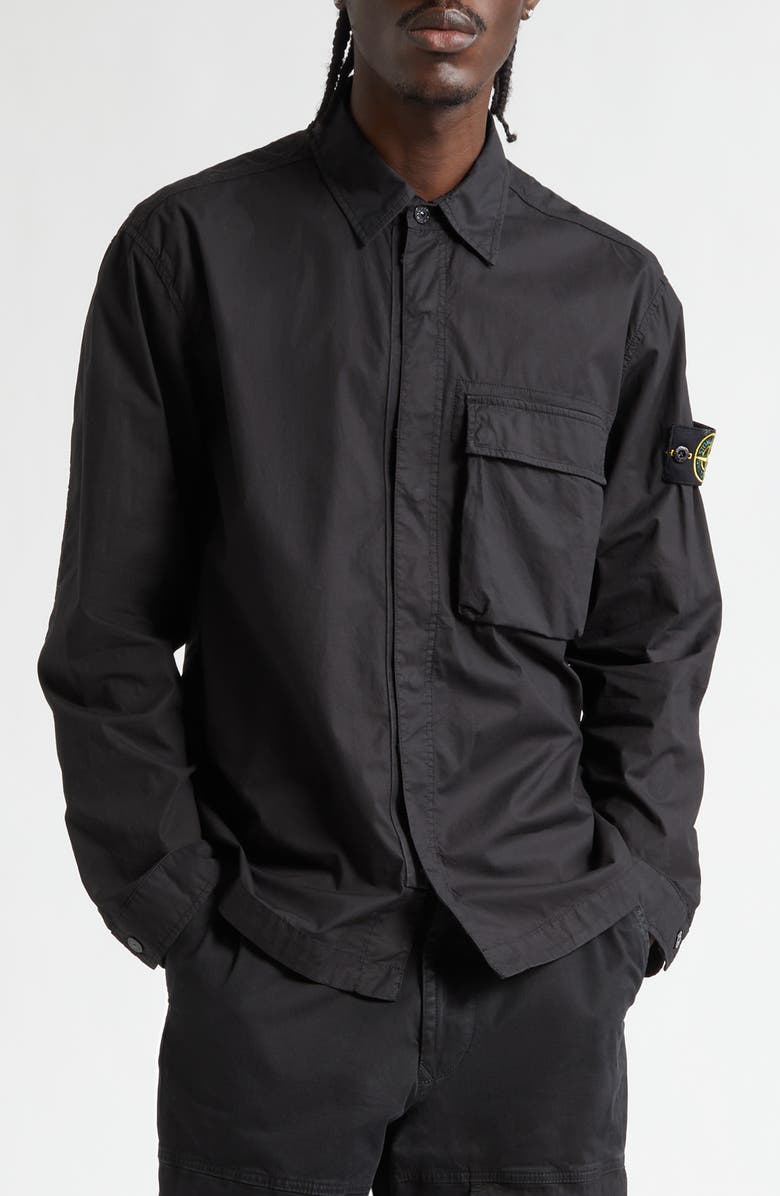 Stone Island Compass Patch Stretch Cotton Canvas Overshirt, Main, color, Black