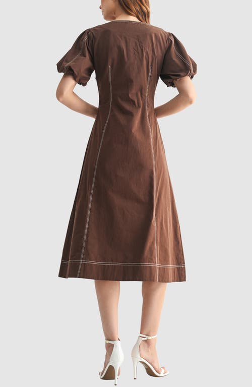 Mila Mae Contrast Stitch Puff Sleeve A-line Midi Dress In Brown