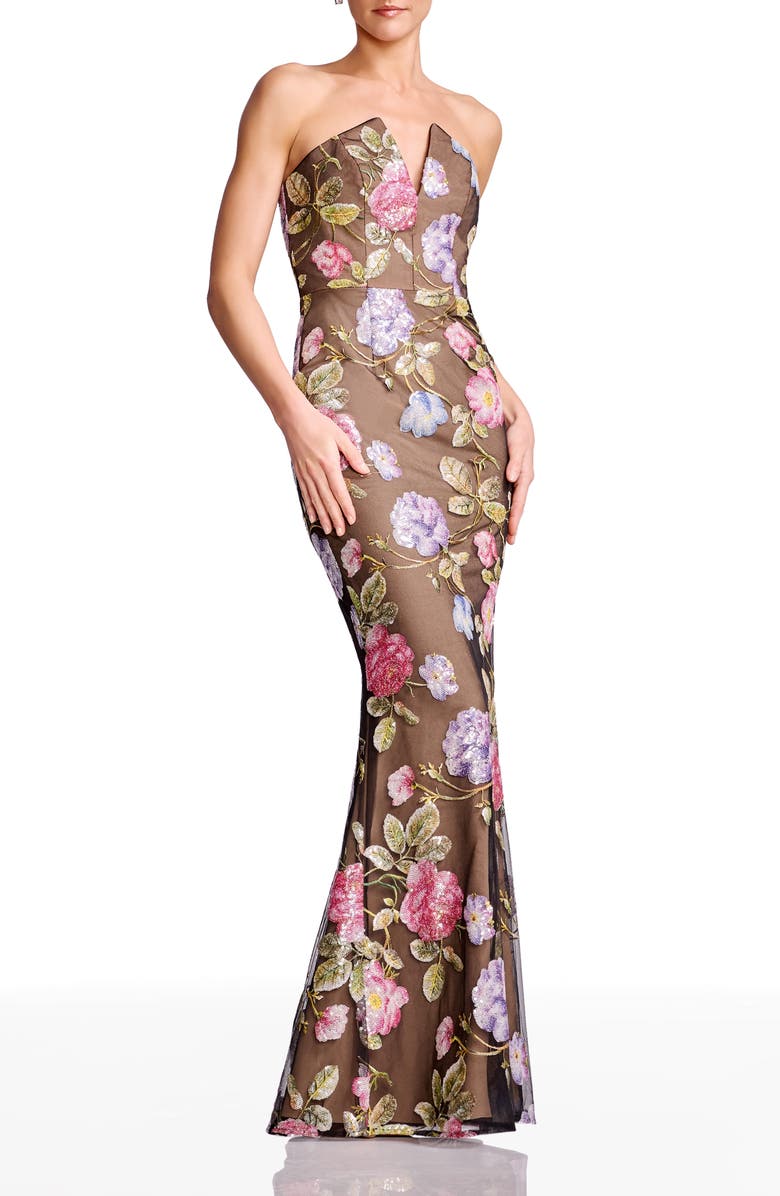 Dress the Population Fernanda Embroidered Floral Strapless Gown, Main, color, Black Multi