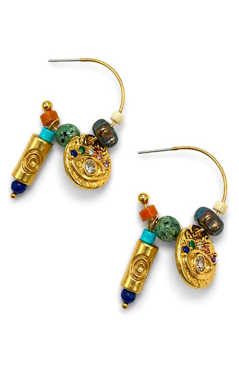 Stone & Evil Eye Charm Hoop Earrings