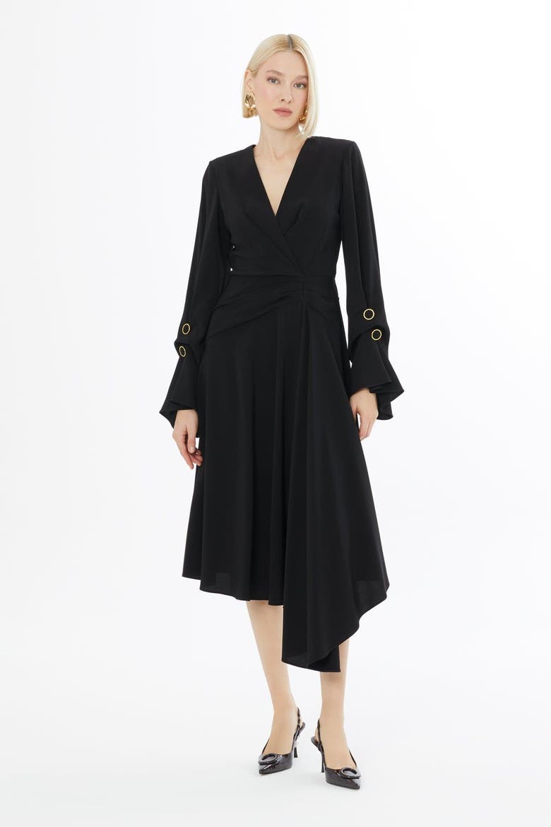 Pleated Front Midi Dress with Concealed Back Zip, Alternate, color, Black
