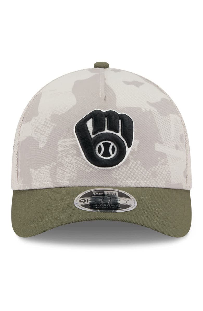 New Era Men's New Era Light Beige/Olive Milwaukee Brewers 2025 Armed Forces Day 9FORTY M-Crown A-Frame Adjustable Hat, Alternate, color, 