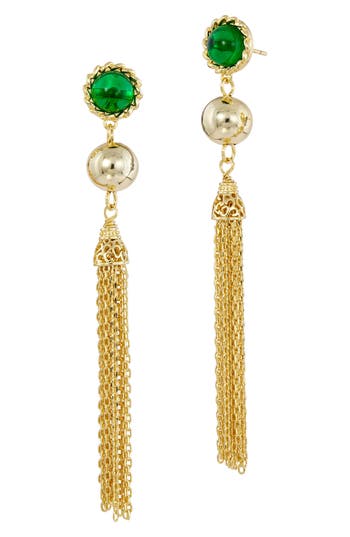 Savvy Cie Jewels 18k Gold Plated Drop Tassel Earrings With Green Cz In Yellow