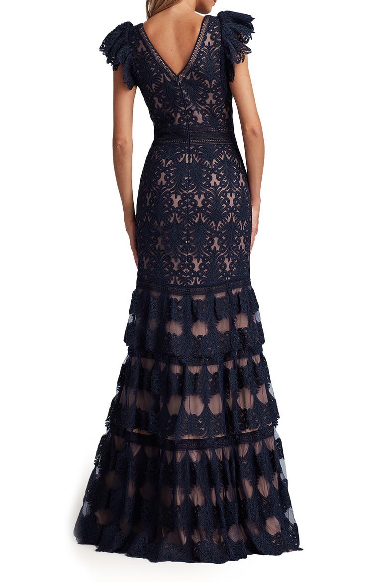 Flutter Sleeve Tiered Plunge Neck Gown, Alternate, color, ROYAL NAVY