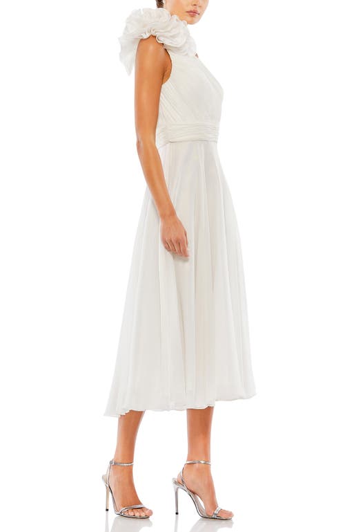 Mac Duggal Rosette One Shoulder Tea Length Dress In White