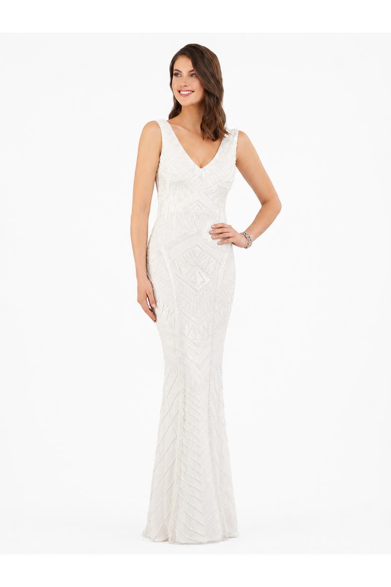 Beaded Faux-Wrap V-Neck Bridal Gown, Alternate, color, White