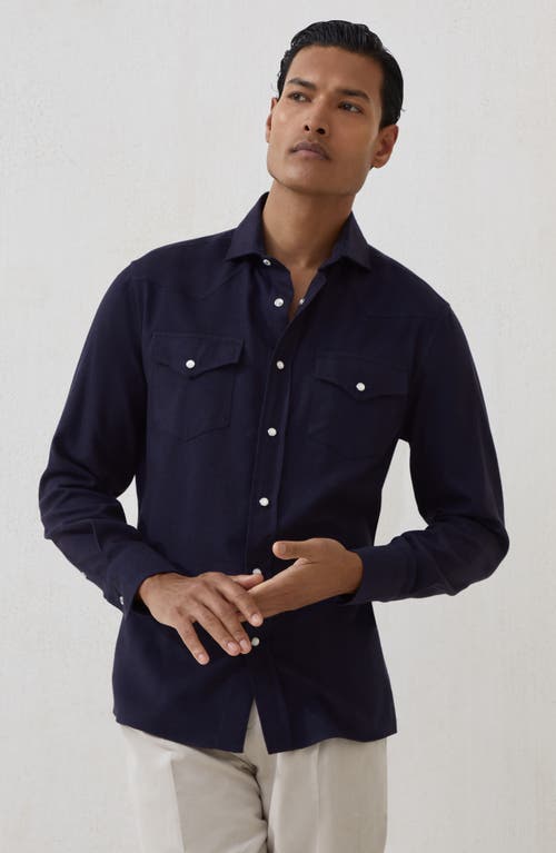 Brunello Cucinelli Stretch Cotton Chevron Flannel Easy Fit Western Shirt In Blue