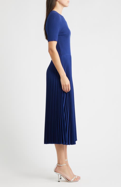 Hugo Boss Boss Fadridi Rib & Pleated Midi A-line Dress In Blue