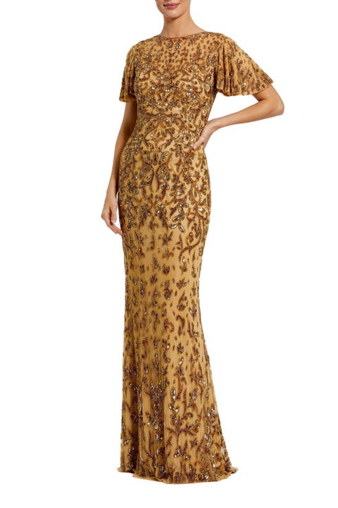 Women's Embellished High Neck Flutter Sleeve Gown