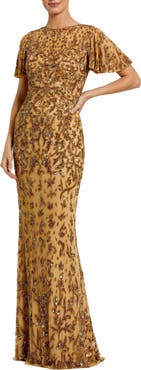 Mac Duggal Women's Embellished High Neck Flutter Sleeve Gown