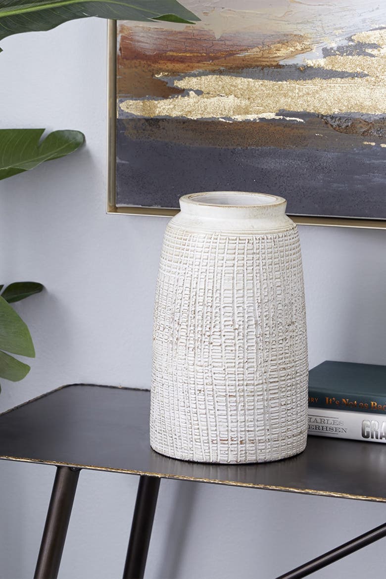 White Ceramic Carved Vase with Crosshatch Design, Alternate, color, WHITE