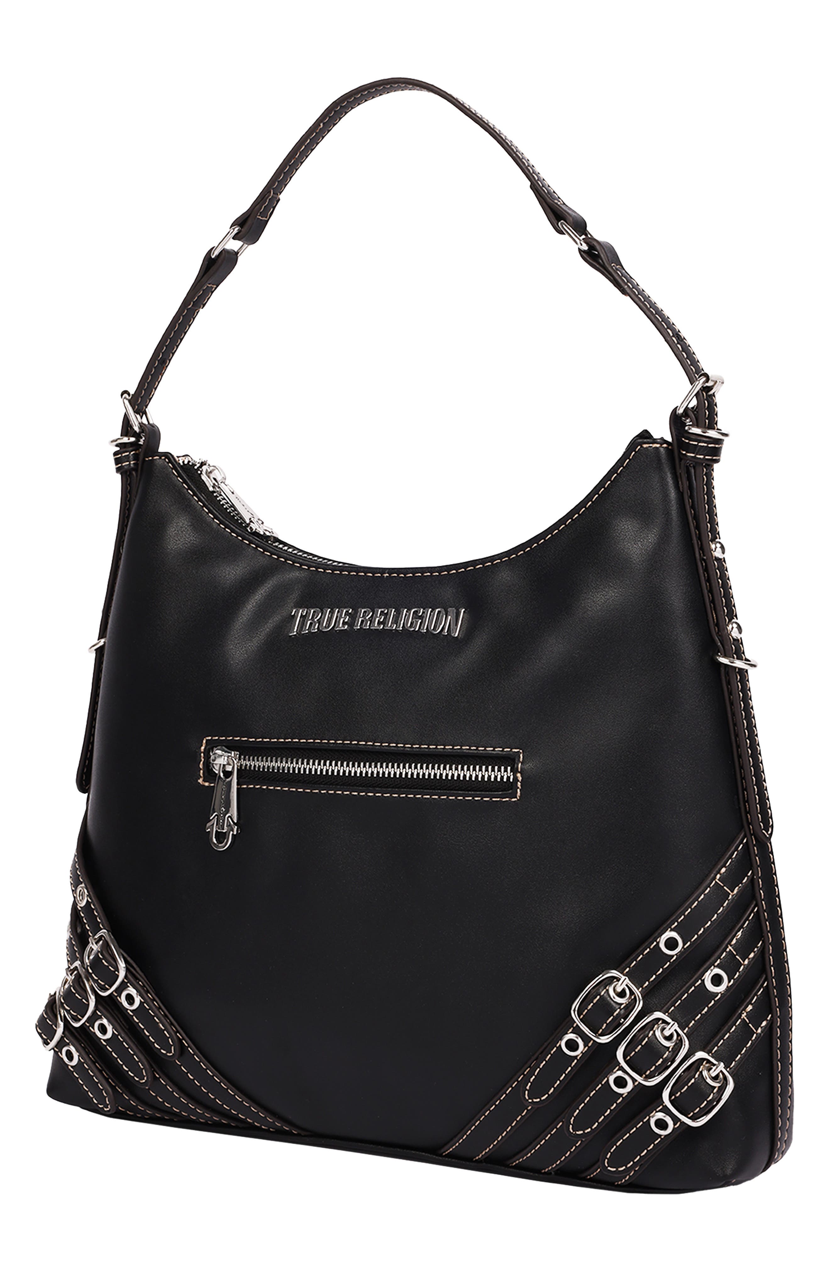 Triple Straps Large Faux Leather Hobo, Alternate, color, BLACK