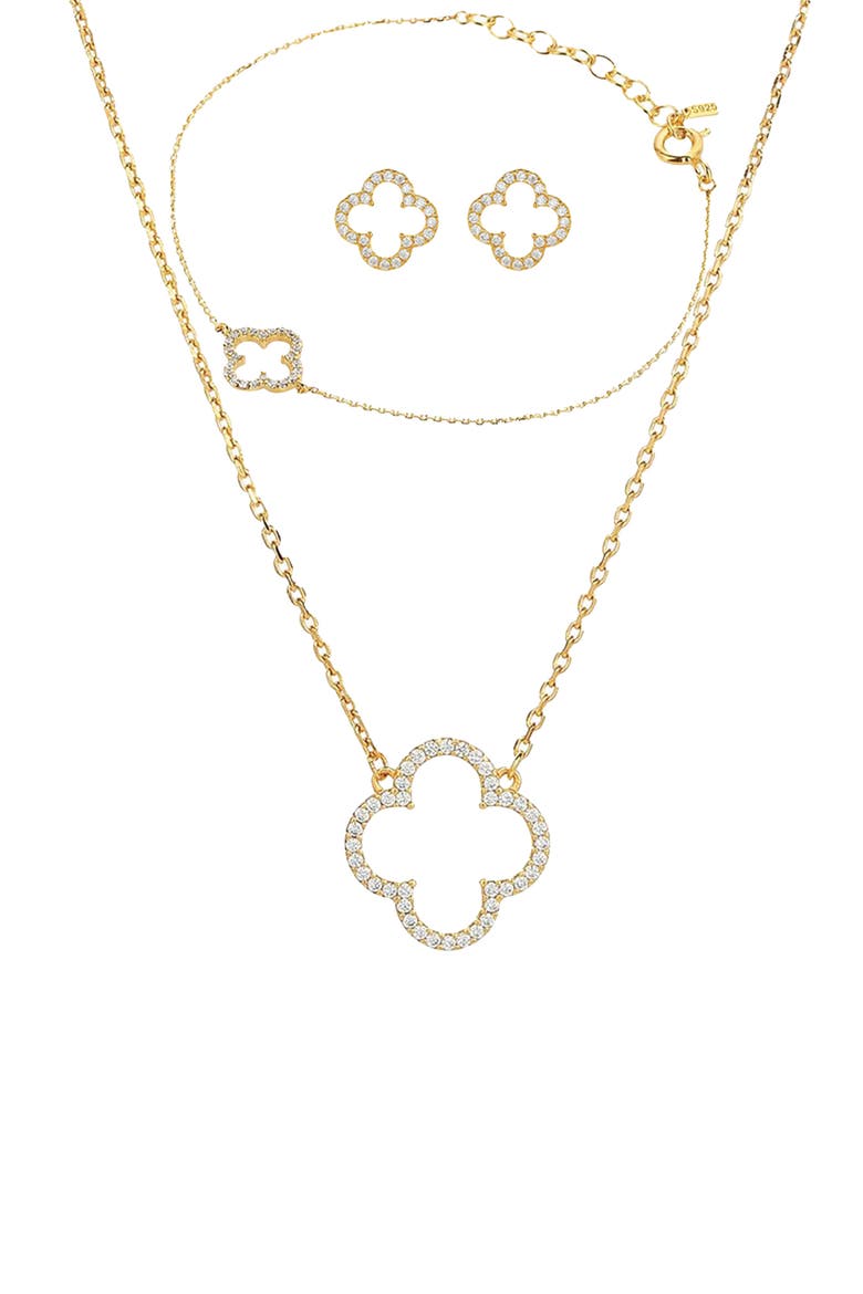 Sterling Silver 18k Gold Plated Aria Clover Necklace, Earring & Bracelet Set, Main, color, Gold