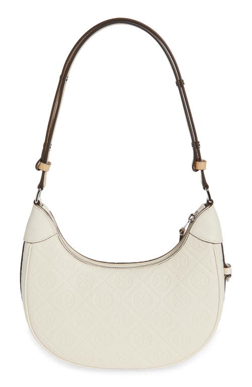 Tory Burch T-monogram Embossed Crescent Shoulder Bag In White