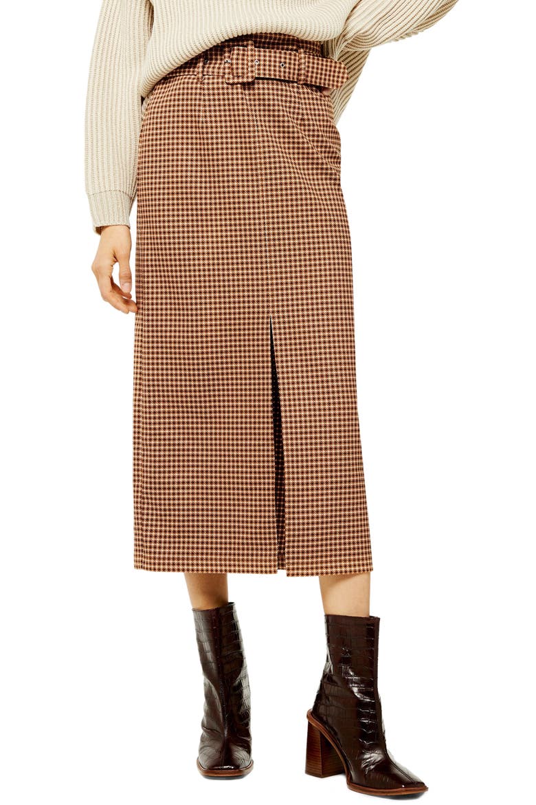 Belted Check Slit Midi Skirt, Main, color, BROWN MULTI