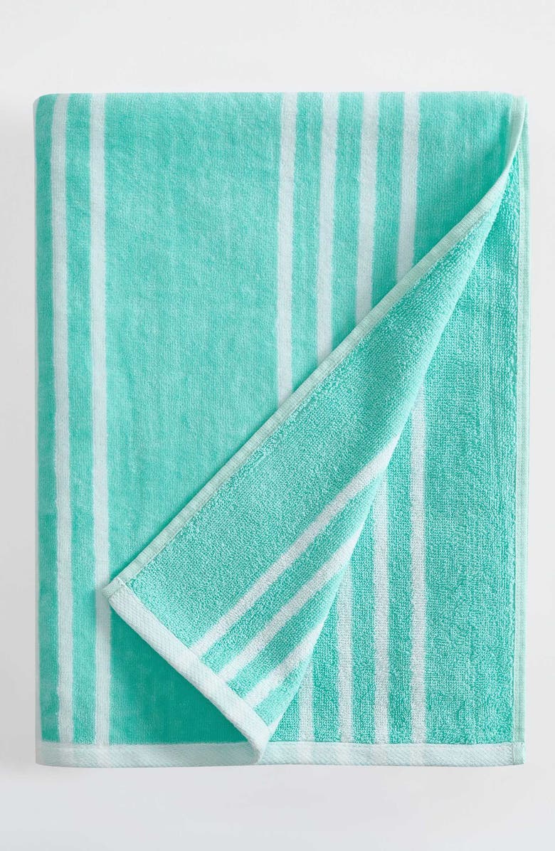 Calvin Klein Pinstripe Logo Beach Towel, Alternate, color, Water Ballet/White