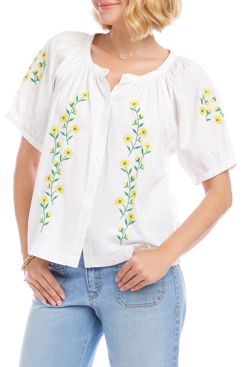 Floral Embroidered Cotton Peasant Top, Alternate, color, WHITE