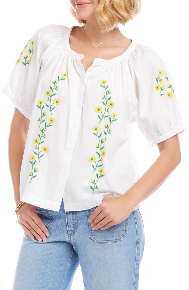 Karen Kane Floral Embroidered Cotton Peasant Top, Alternate, color, White