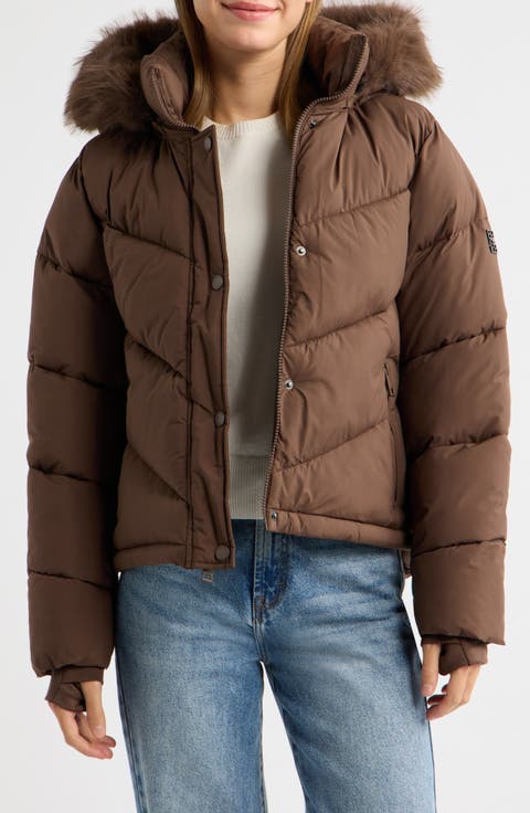 V-Seam Faux Fur Trim Puffer Jacket